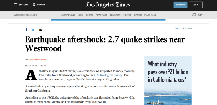 Los Angeles Times informa de una réplica de un terremoto que se produjo en el 2014, gracias a la información recopilada por un robot.