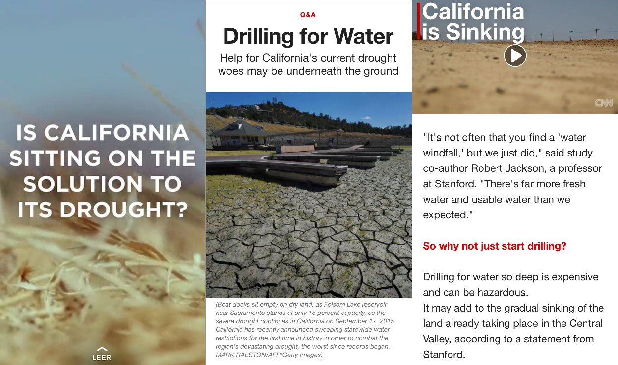 La CNN también ofrece en Snapchat otro tipo de información como este breve reportaje sobre las posibles soluciones a la sequía en California.