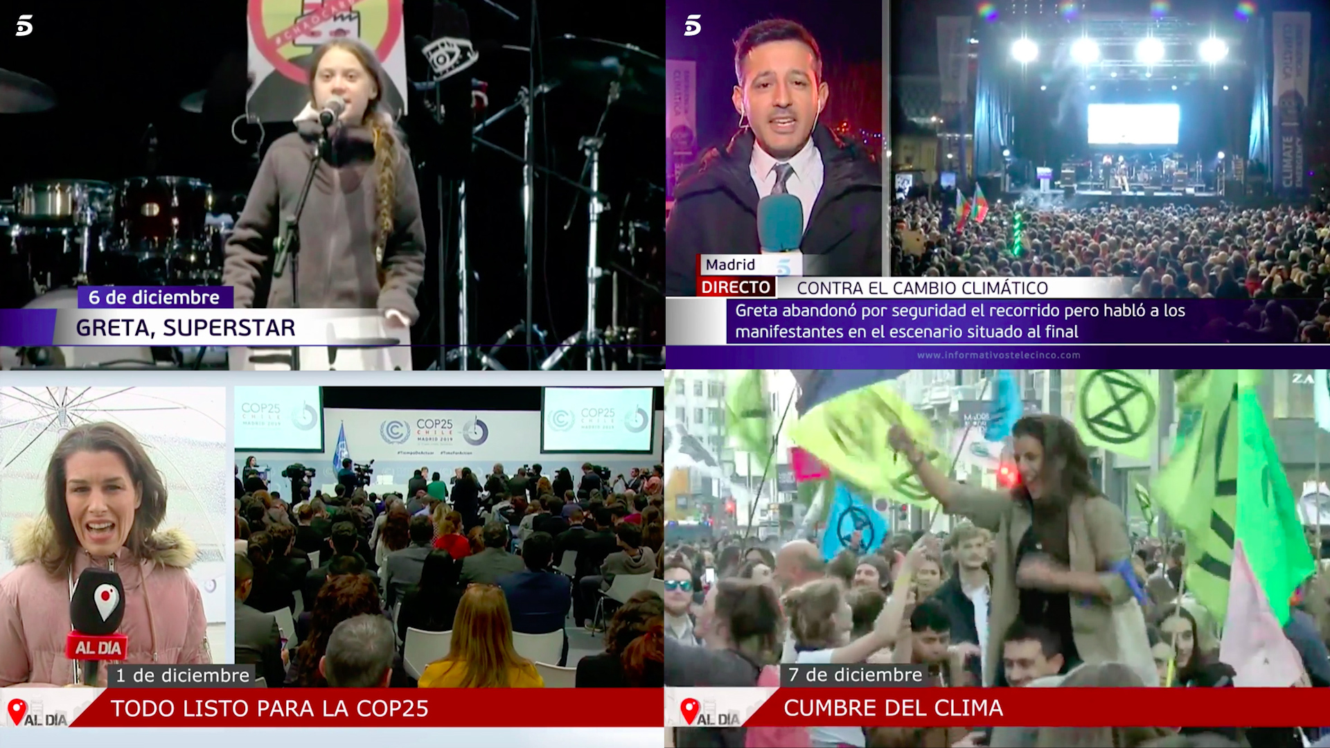 La Cumbre del Clima de Madrid y Greta Thunberg han abierto los informativos de los principales canales de televisión.