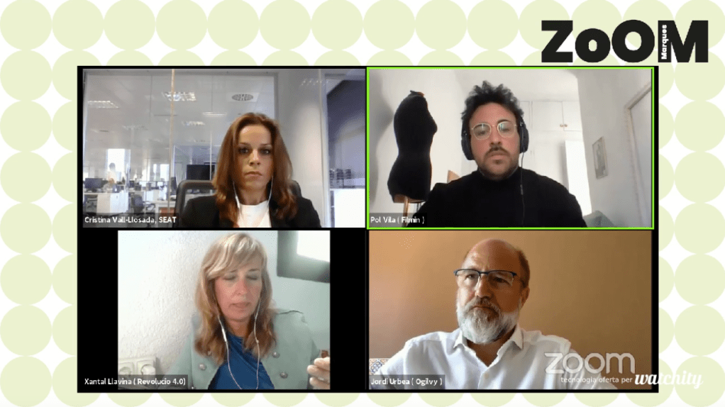 Imagen de los participantes de la séptima edición de Zoom Marques; Cristina Vall-Llosada, Pol Vilà, Xantal Llavina [la moderadora] y Jordi Urbea. De izquierda a derecha y de arriba abajo.